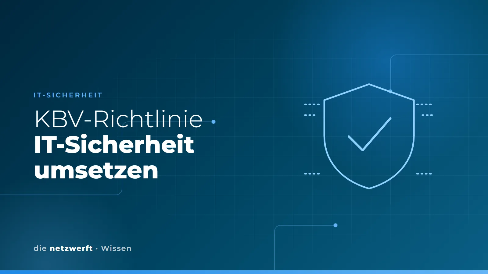 Schutzschild mit Haken vor einem Netzwerkraster als Symbol für IT-Sicherheit in der Arztpraxis