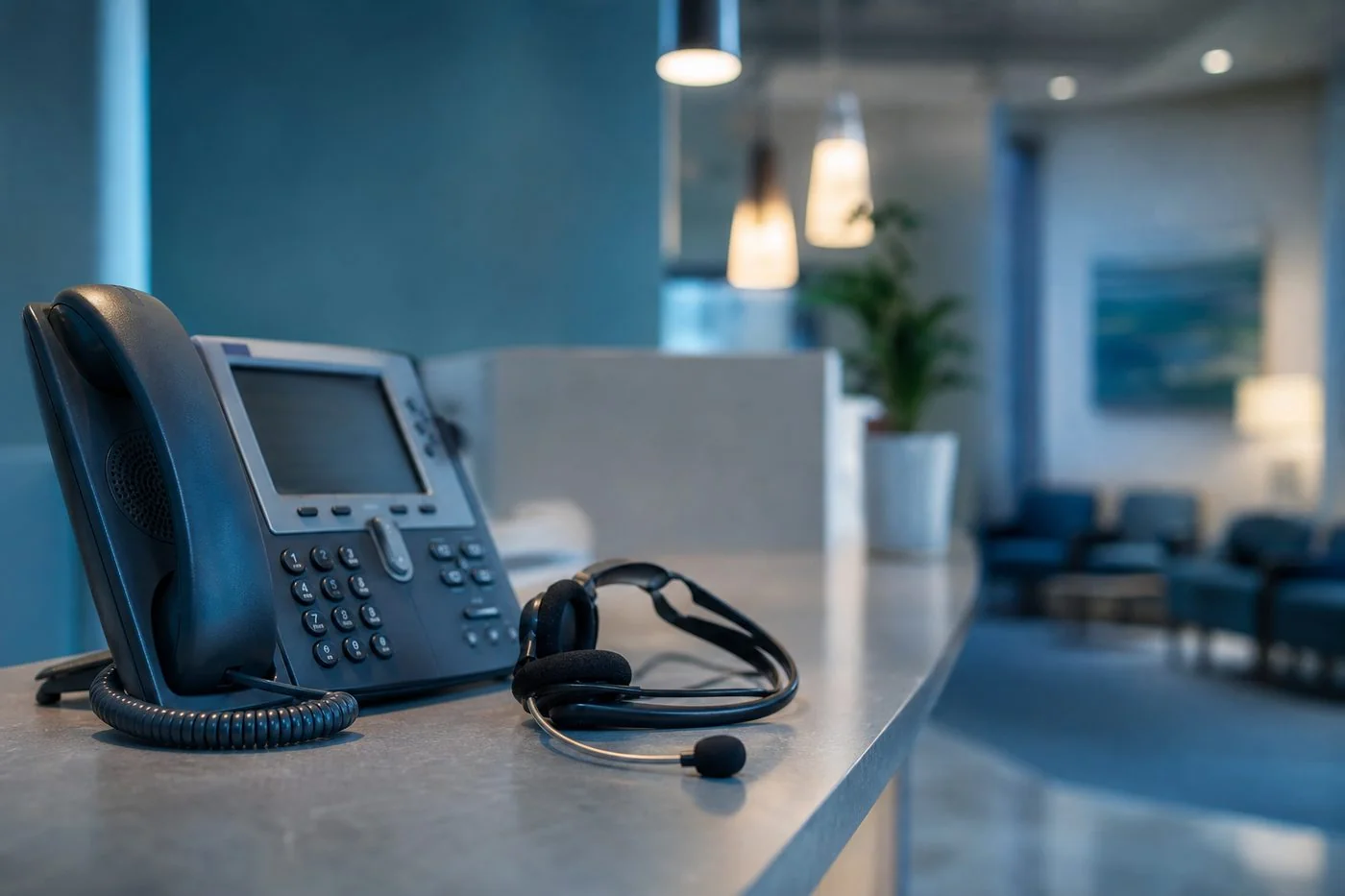 Telefon und Headset am Empfang einer Arztpraxis