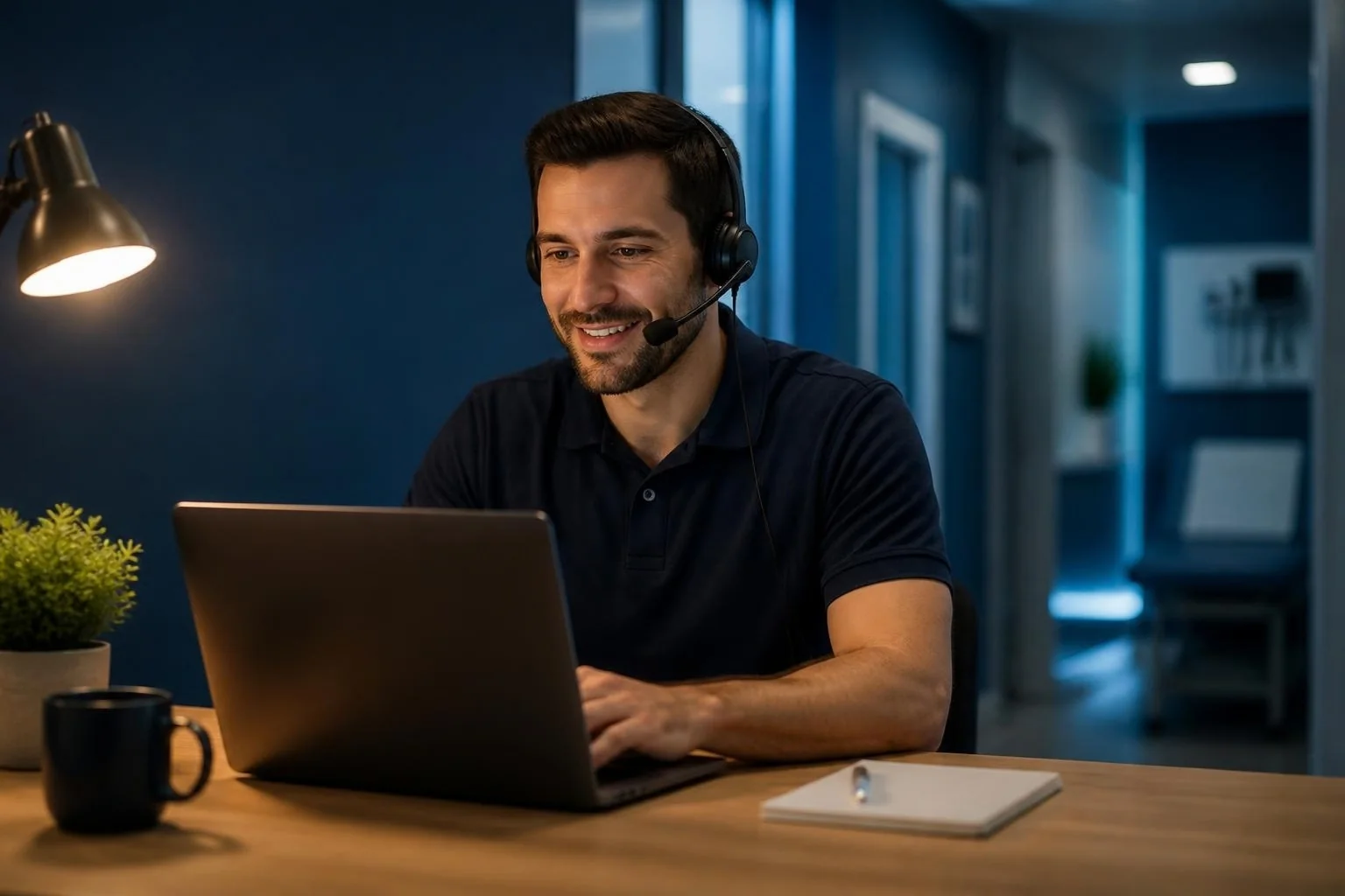 Ansprechpartner der netzwerft mit Headset im Support-Gespräch