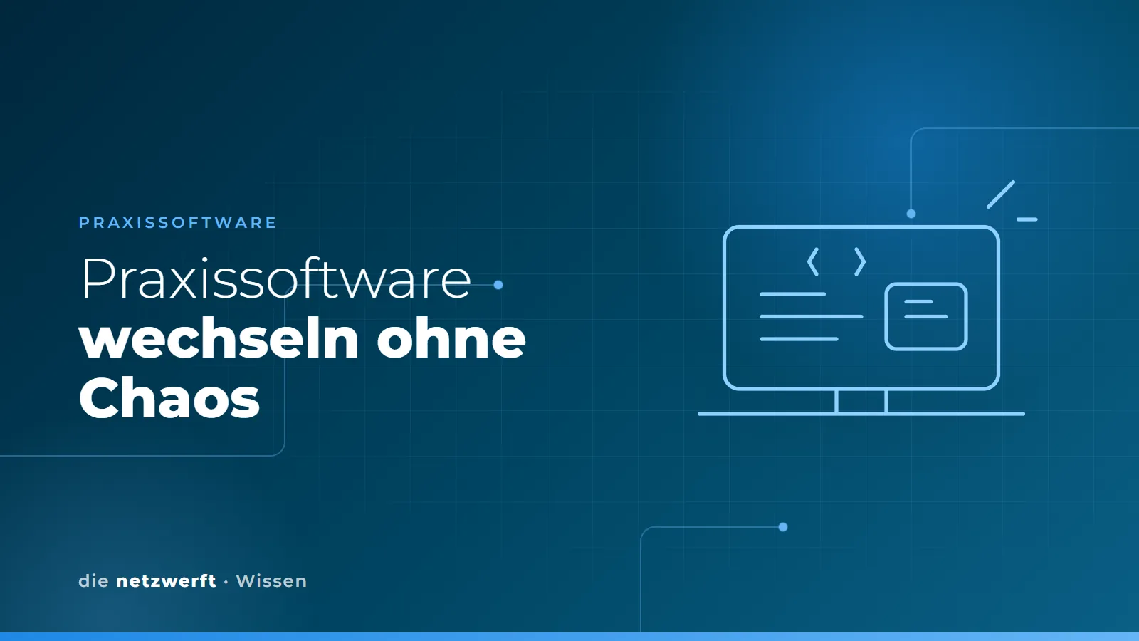 Laptop mit Praxissoftware-Oberfläche und Pfeilen als Symbol für den Wechsel des Praxisverwaltungssystems